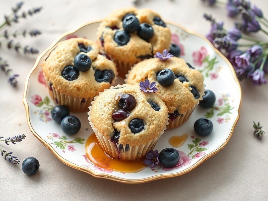 Lavender Honey Blueberry Muffins on a floral plate with fresh blueberries and lavender sprigs
