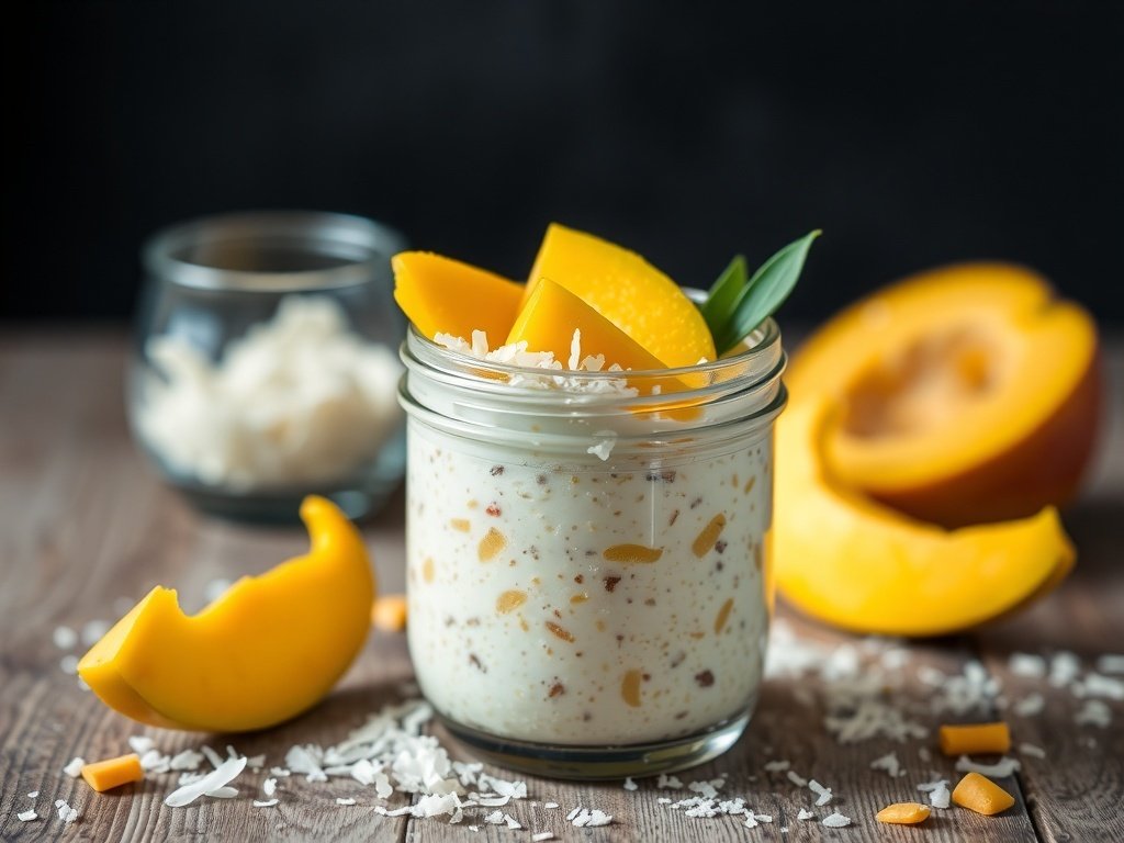 A bowl of mango coconut overnight oats topped with mango slices and coconut flakes.