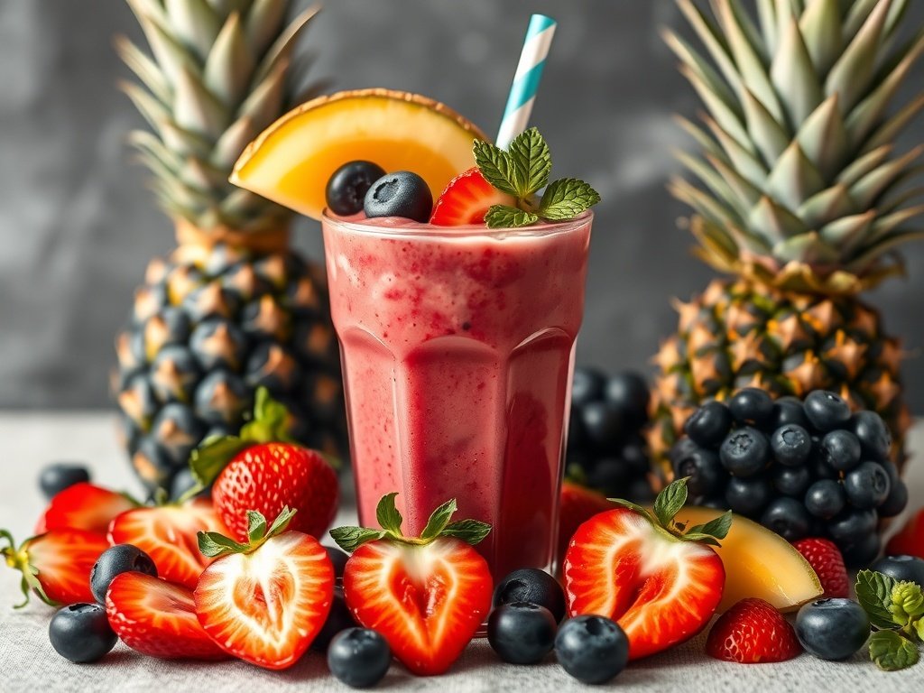 A colorful Berry Tropical Fusion Smoothie surrounded by fresh strawberries, blueberries, and pineapples.