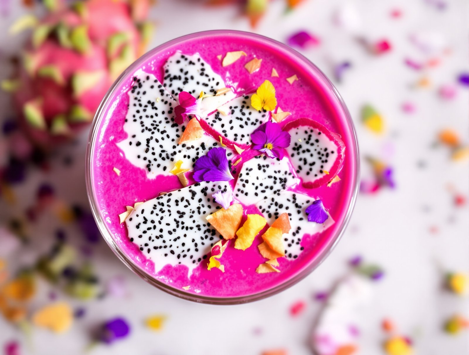A vibrant dragon fruit smoothie in a glass, surrounded by fresh dragon fruit slices.