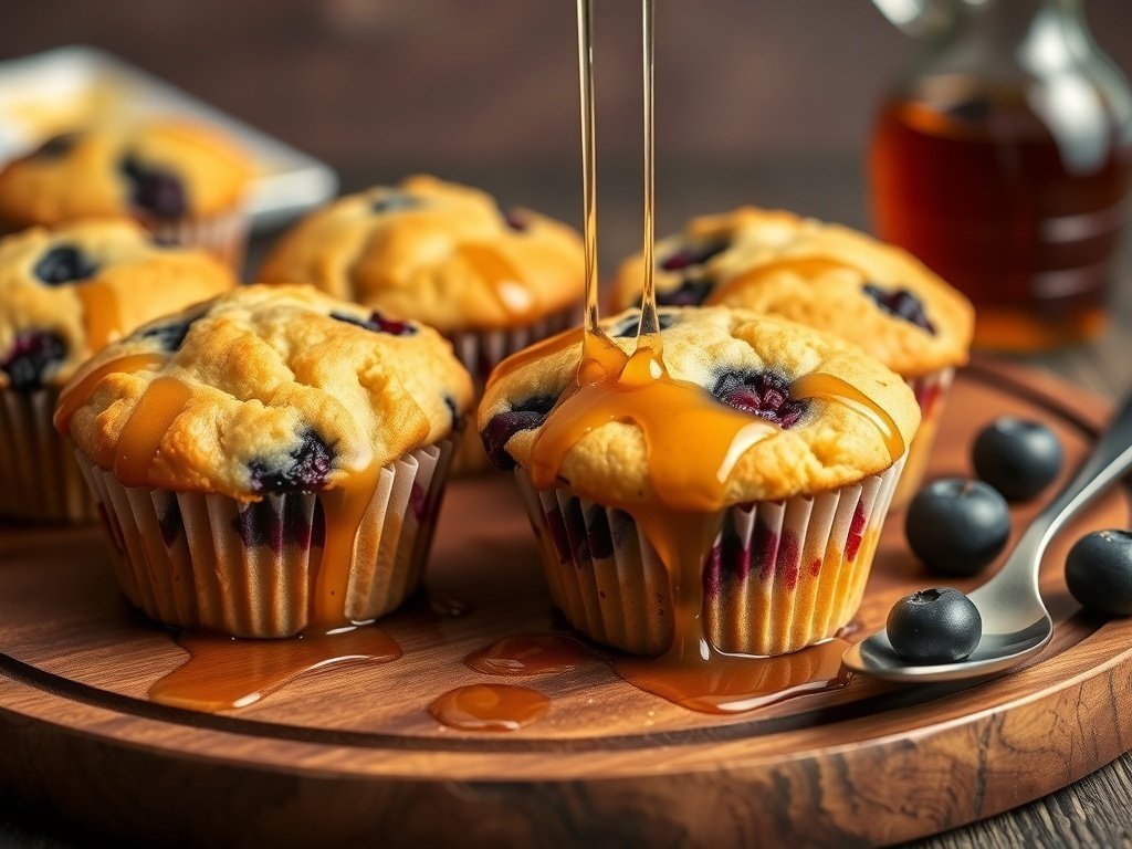 Golden blueberry muffins drizzled with maple syrup on a wooden platter.