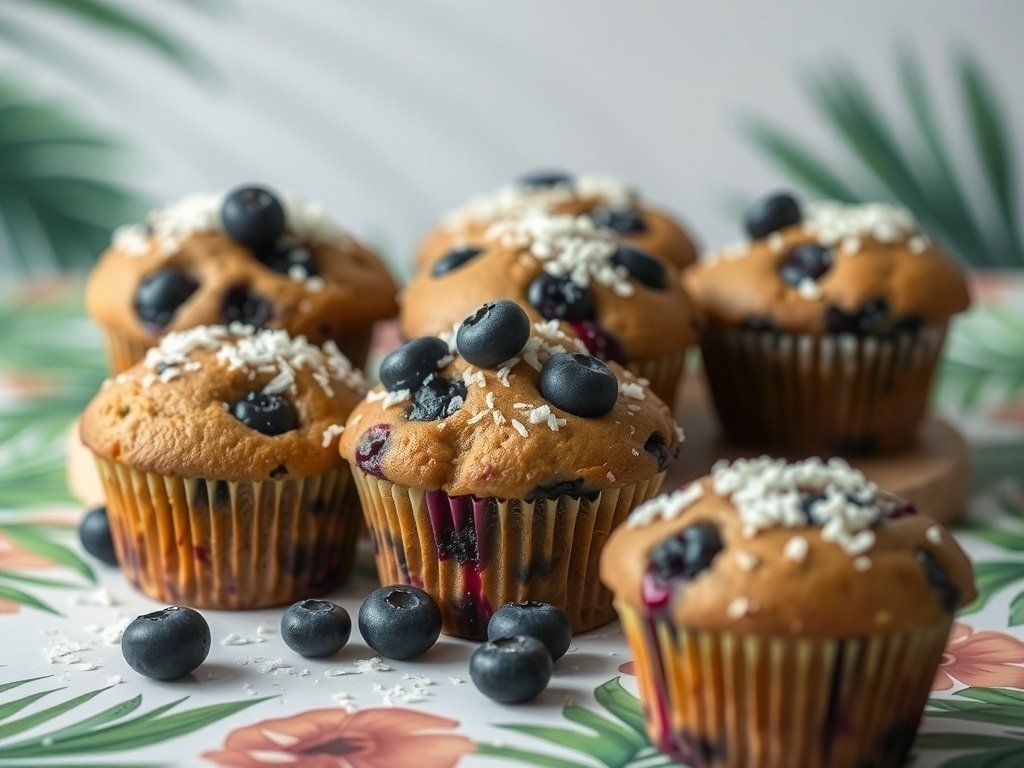 Delicious coconut milk and blueberry muffins topped with fresh blueberries and shredded coconut.
