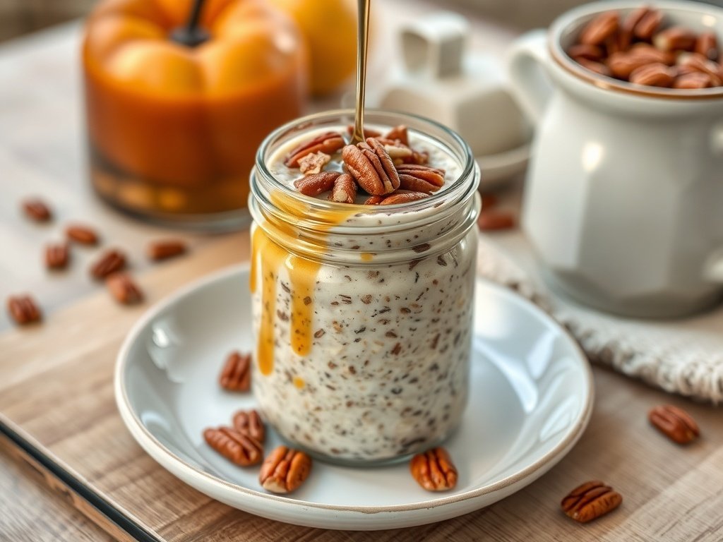 A bowl of overnight oats topped with pecans and maple syrup, surrounded by a jar of syrup and a cup of tea.