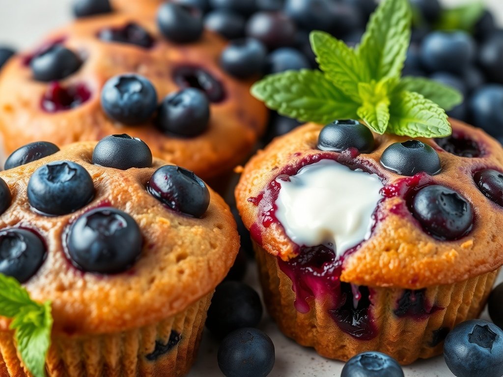 Delicious cream cheese-stuffed blueberry muffins with fresh blueberries and mint leaves