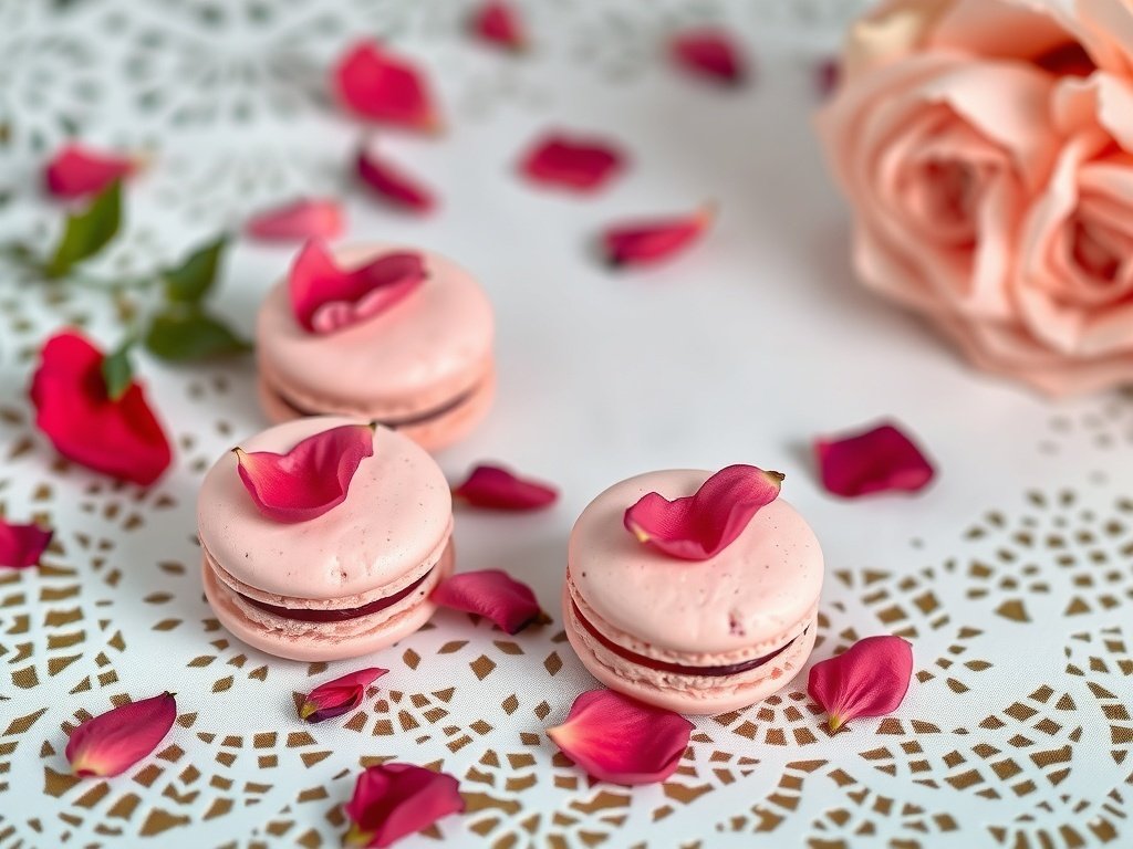 Raspberry macarons decorated with rose petals on a lace tablecloth