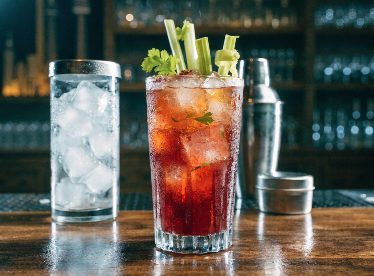 A delicious Caesar cocktail served in a tall glass, garnished with celery and lime, celebrating Canadian culture.