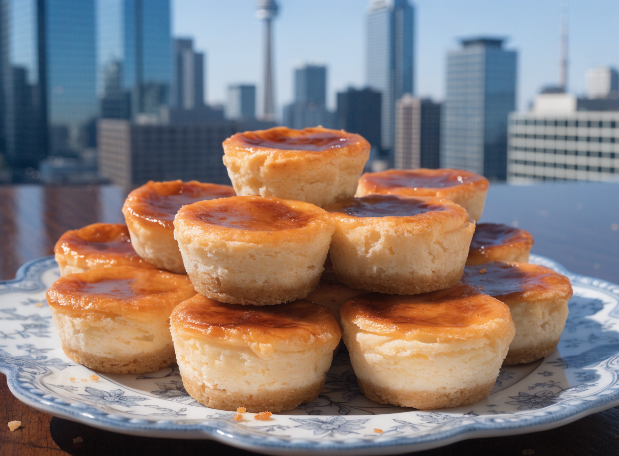 A plate of butter tart cheesecake bites with the Toronto skyline in the background.