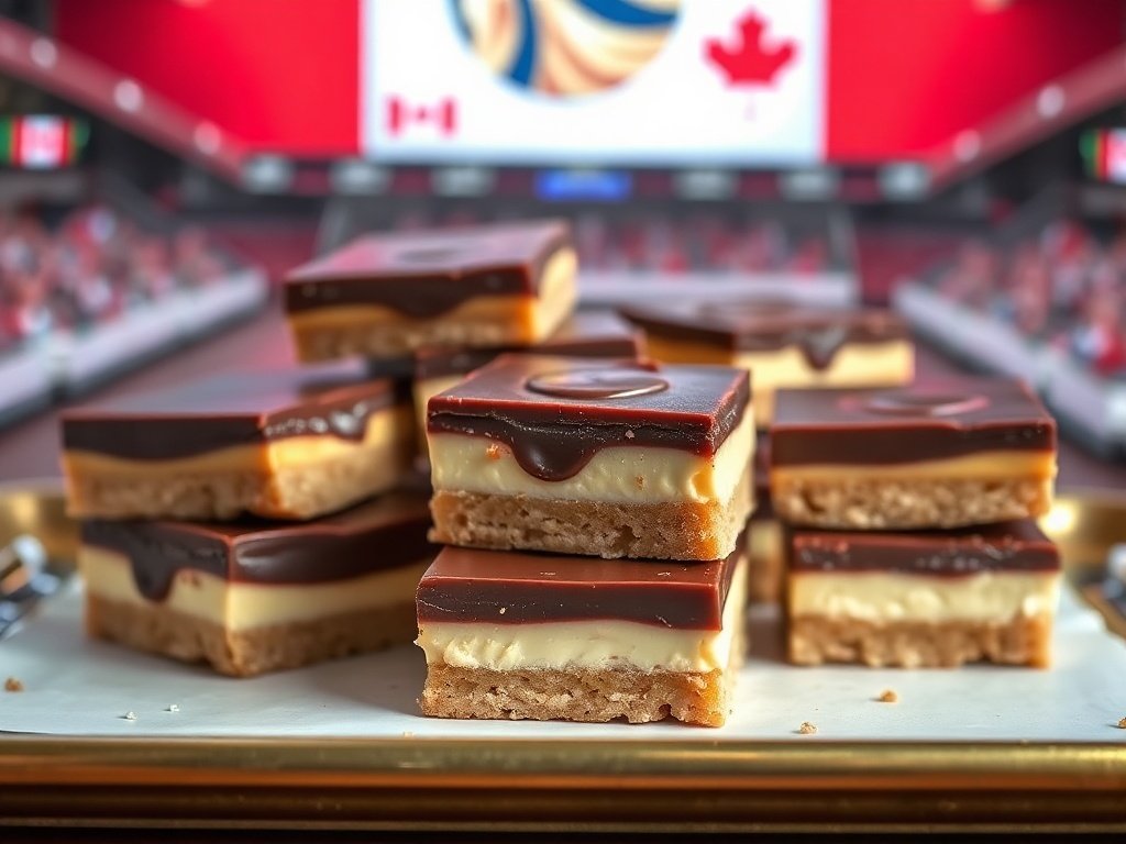 A plate of delicious Nanaimo bars with a Canadian twist, featuring layers of chocolate and custard.