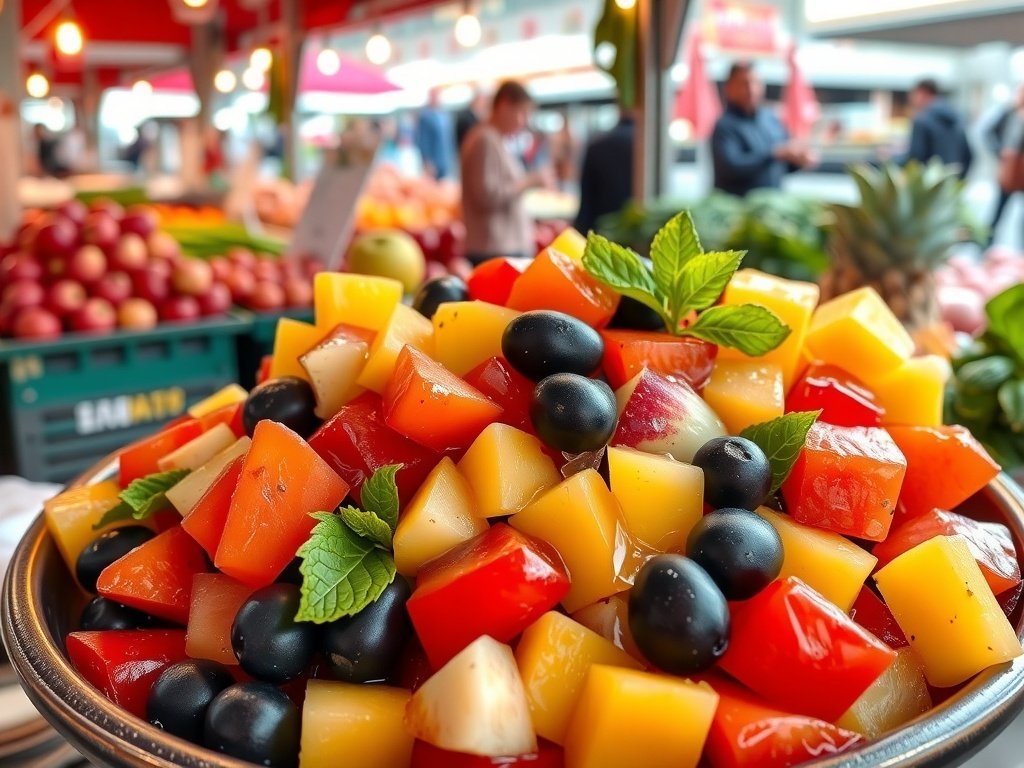 A vibrant display of chopped fruits in a bowl at a market.