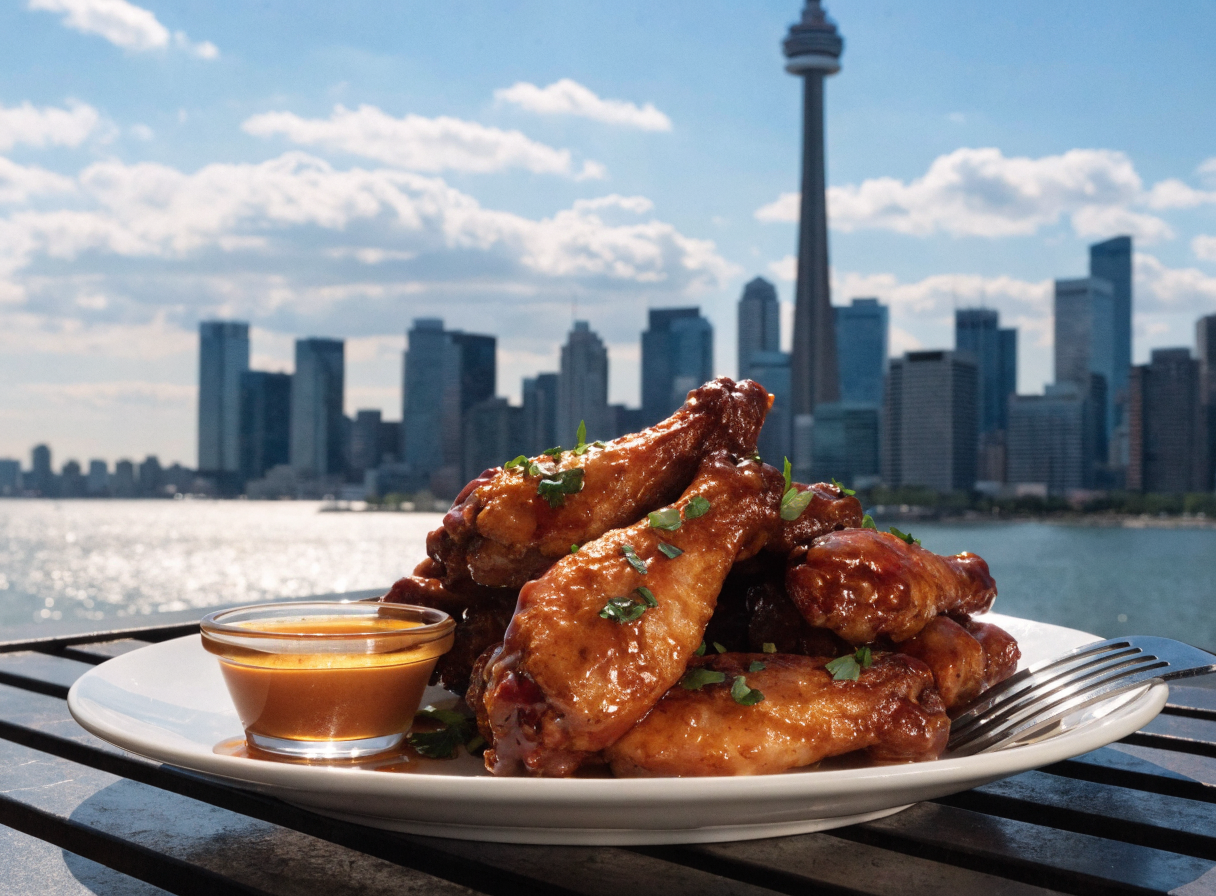 Plate of Toronto Maple Syrup Glazed Chicken Wings with a city backdrop