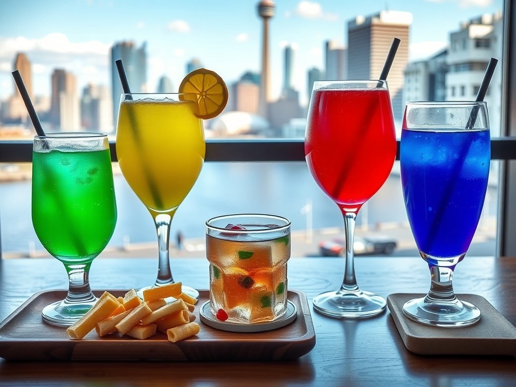 A table with craft beer and local snacks overlooking Toronto's skyline.