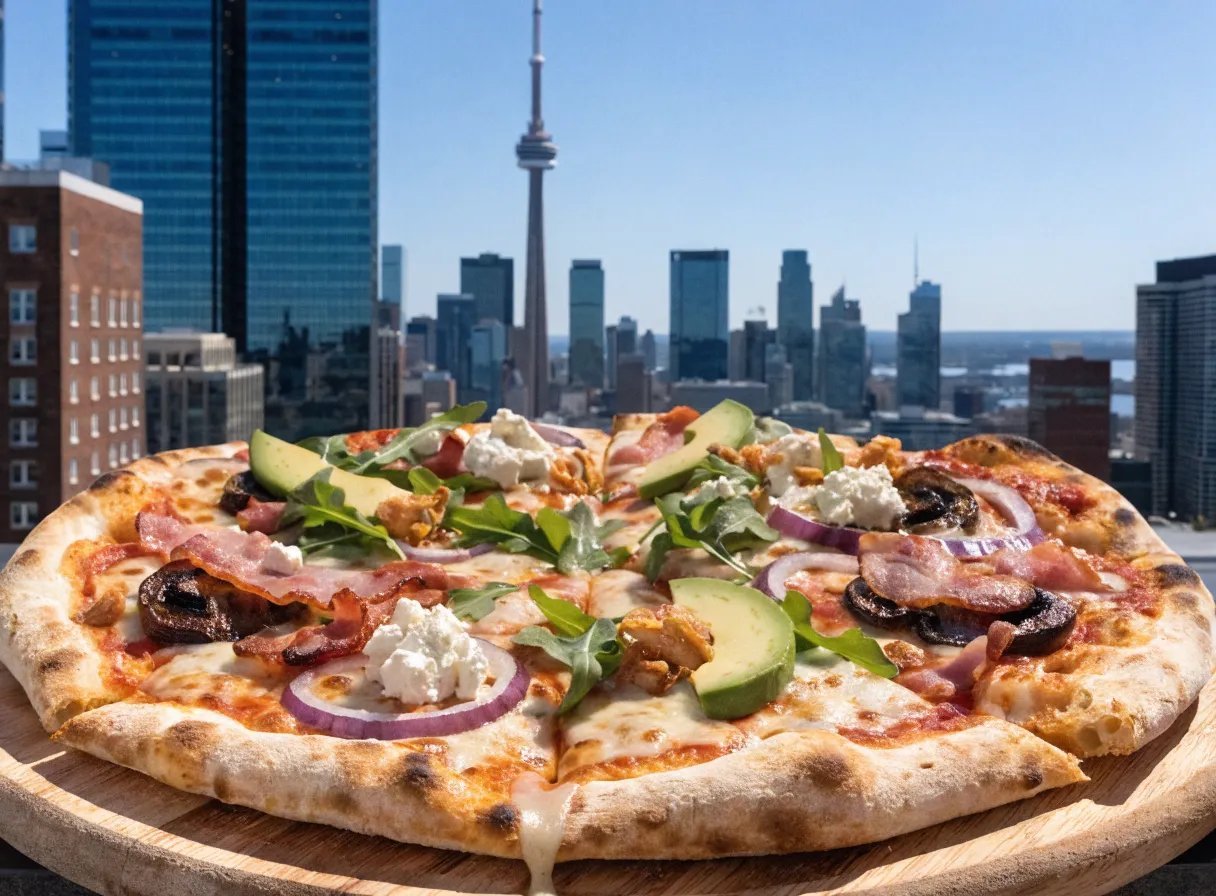 A delicious Toronto-style pizza topped with olives, tomatoes, and basil on a wooden pizza board with the Toronto skyline in the background.