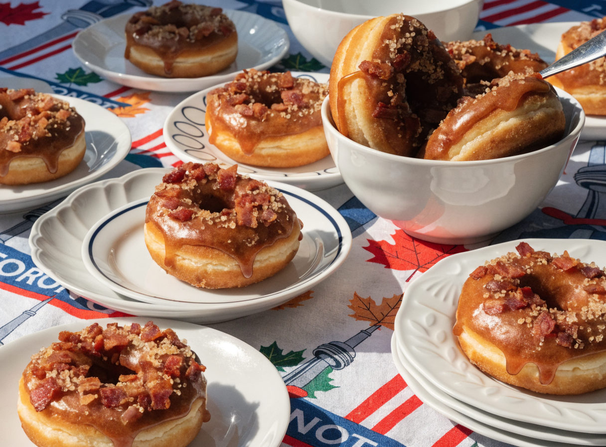 Maple bacon donuts on a colorful Toronto-themed surface.