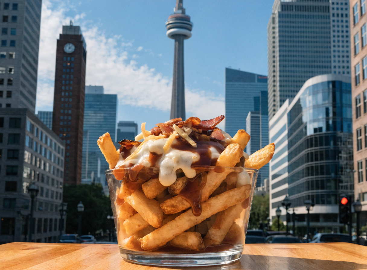 A plate of poutine topped with various ingredients, set against the Toronto skyline.