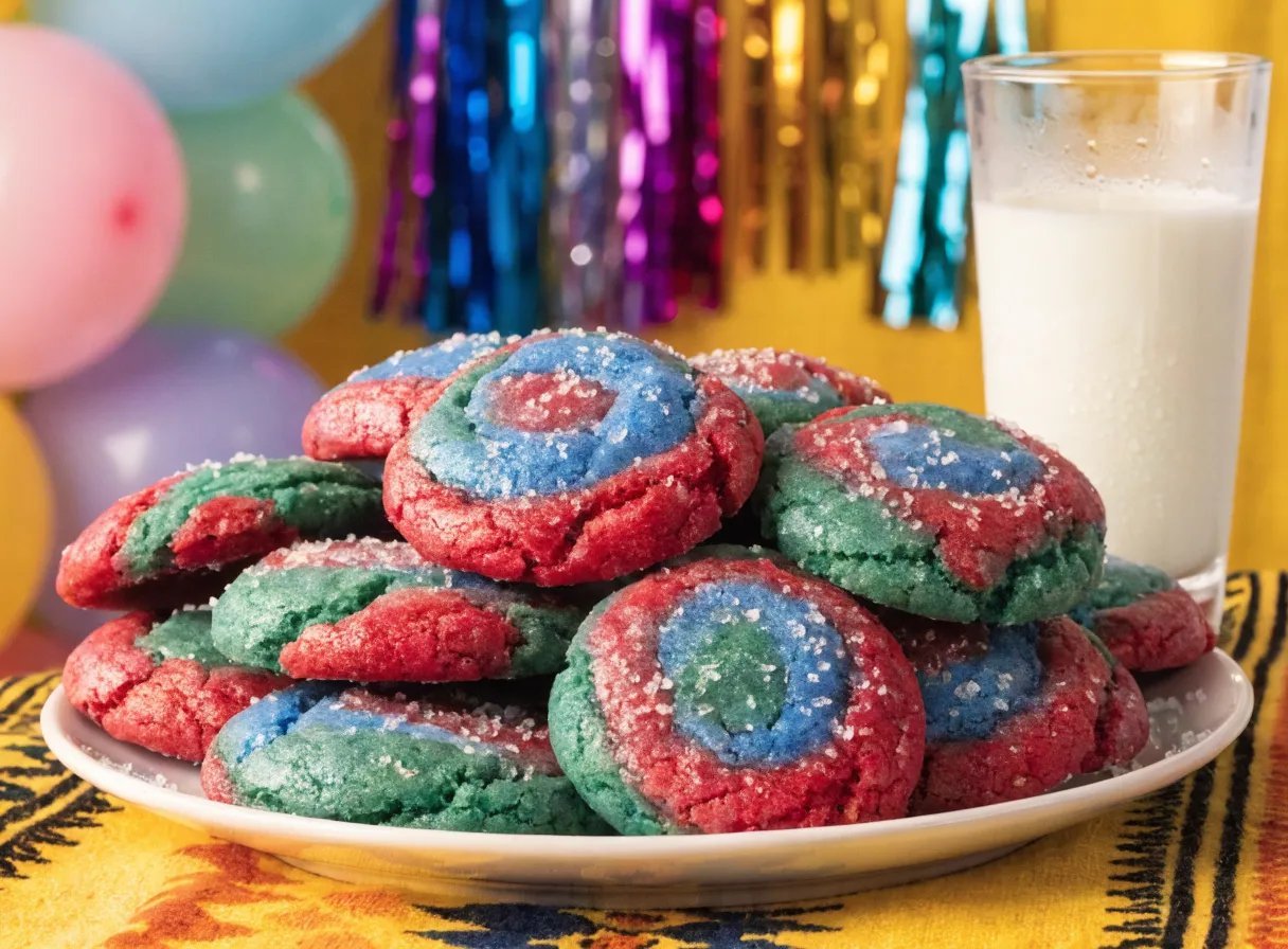 Swirled Rainbow Kool-Aid Cookies Recipe A plate of vibrant swirled Kool-Aid cookies in red, blue, and green, ready to be enjoyed, with milk on the side.