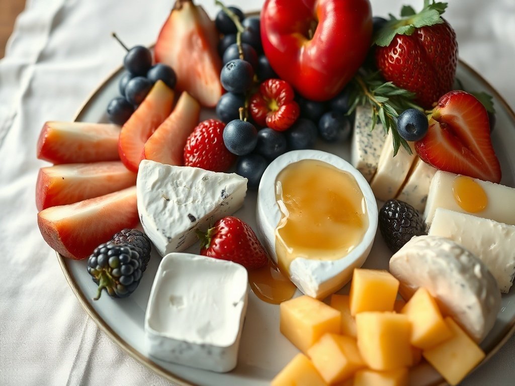 A colorful fruit and cheese platter with honey drizzled on top.