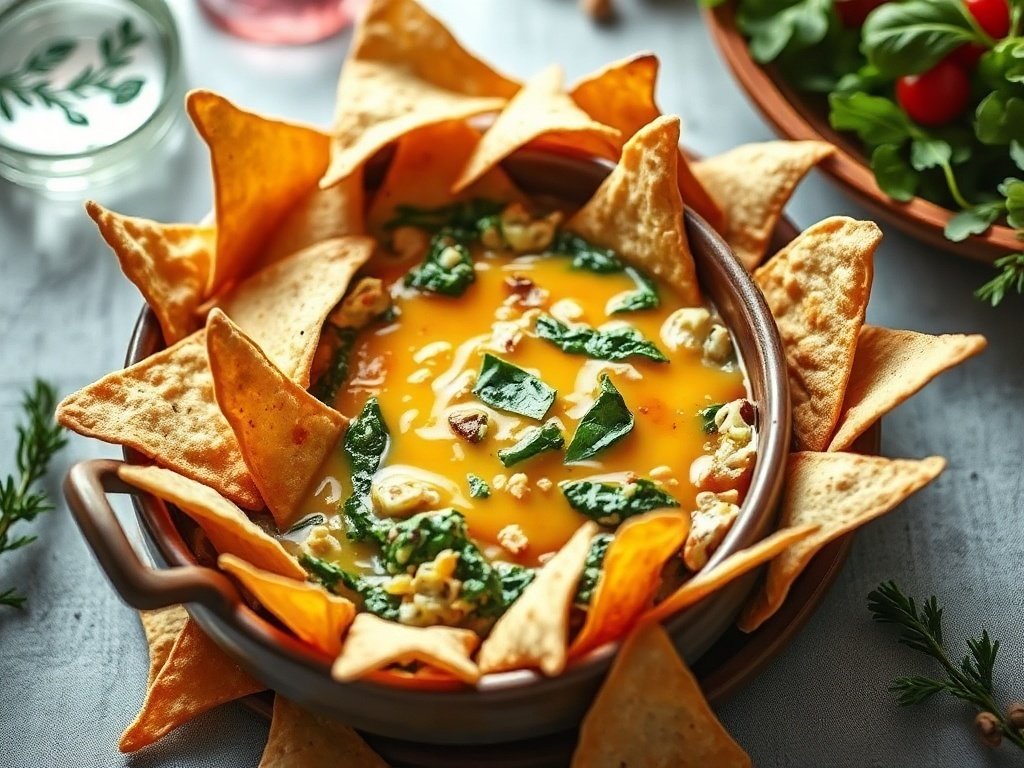 A creamy spinach artichoke dip surrounded by crispy tortilla chips