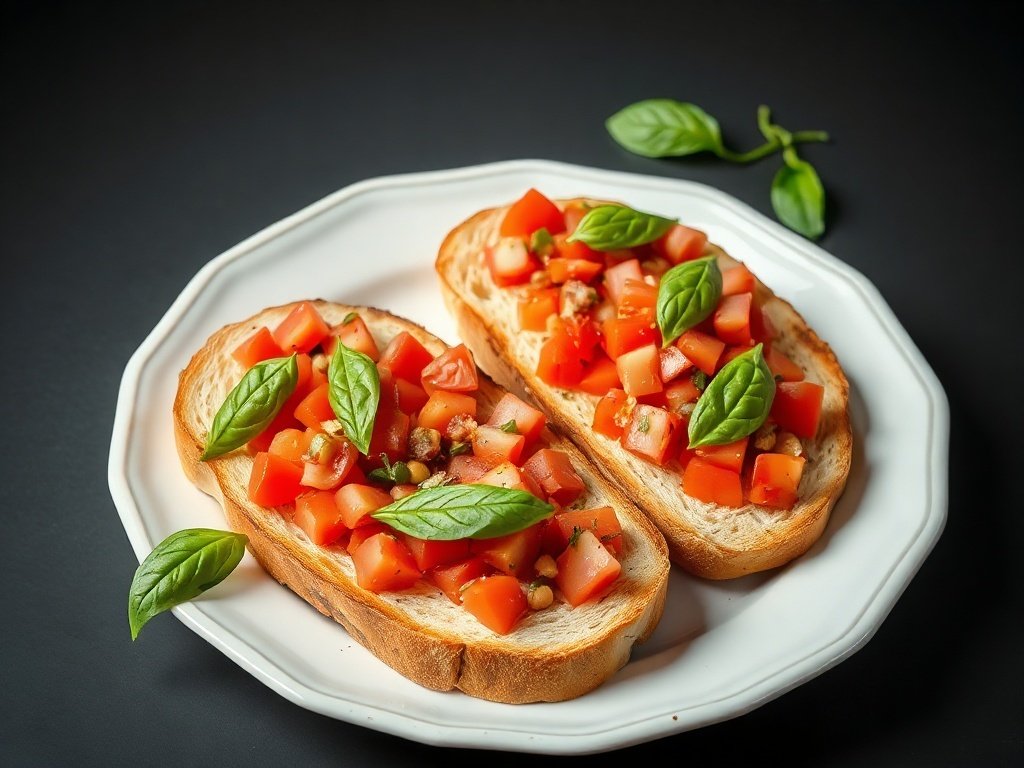 Bruschetta with tomatoes and basil on toasted bread slices