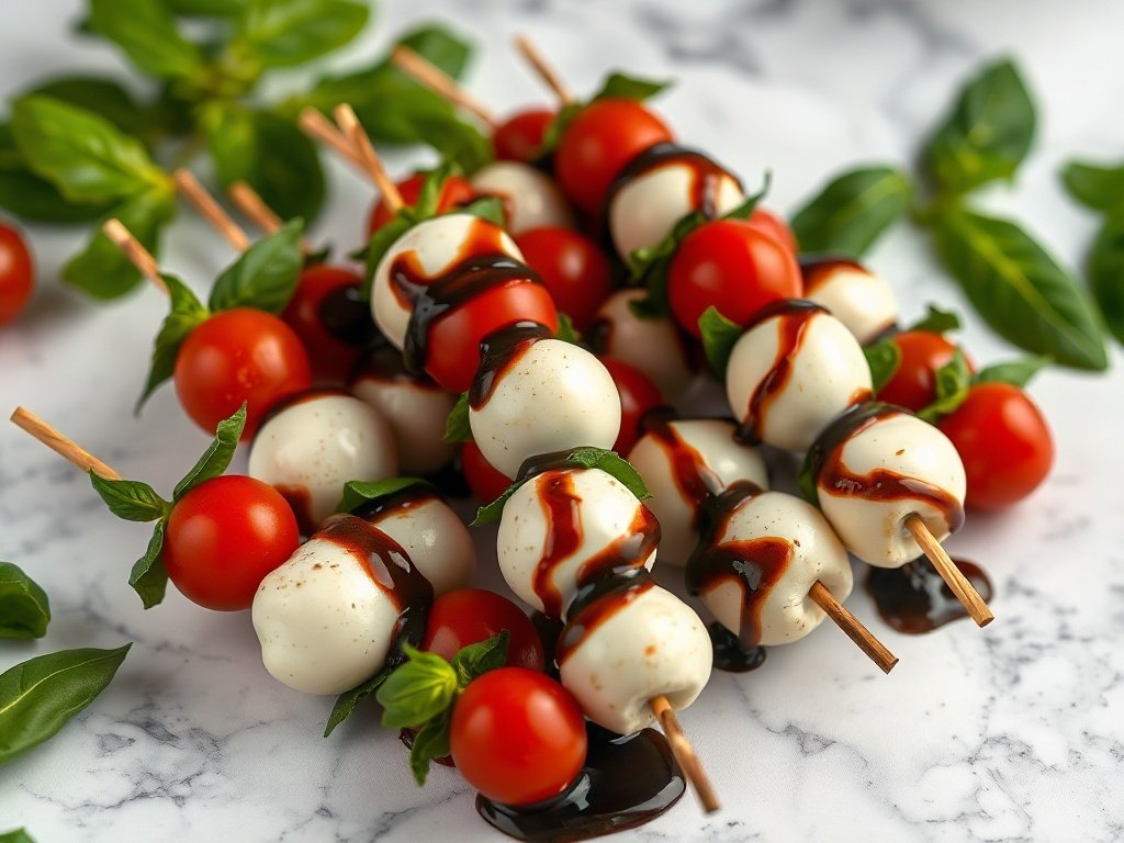 Caprese skewers with tomatoes, mozzarella, and basil, drizzled with balsamic glaze.