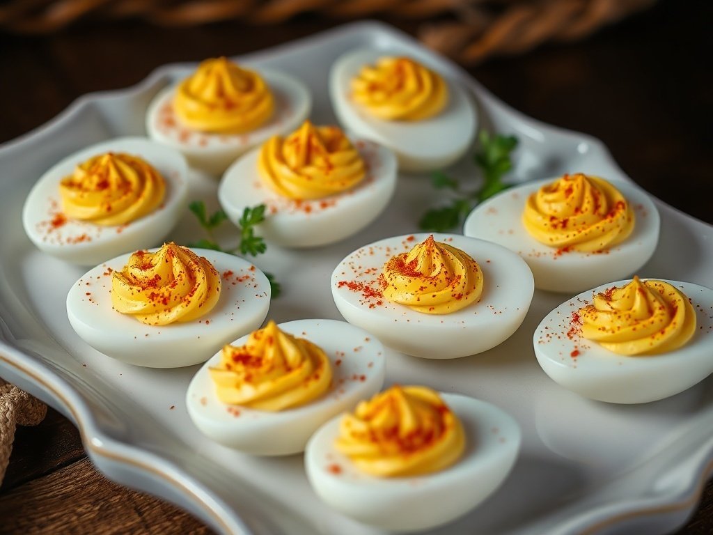 Plate of deviled eggs topped with smoked paprika