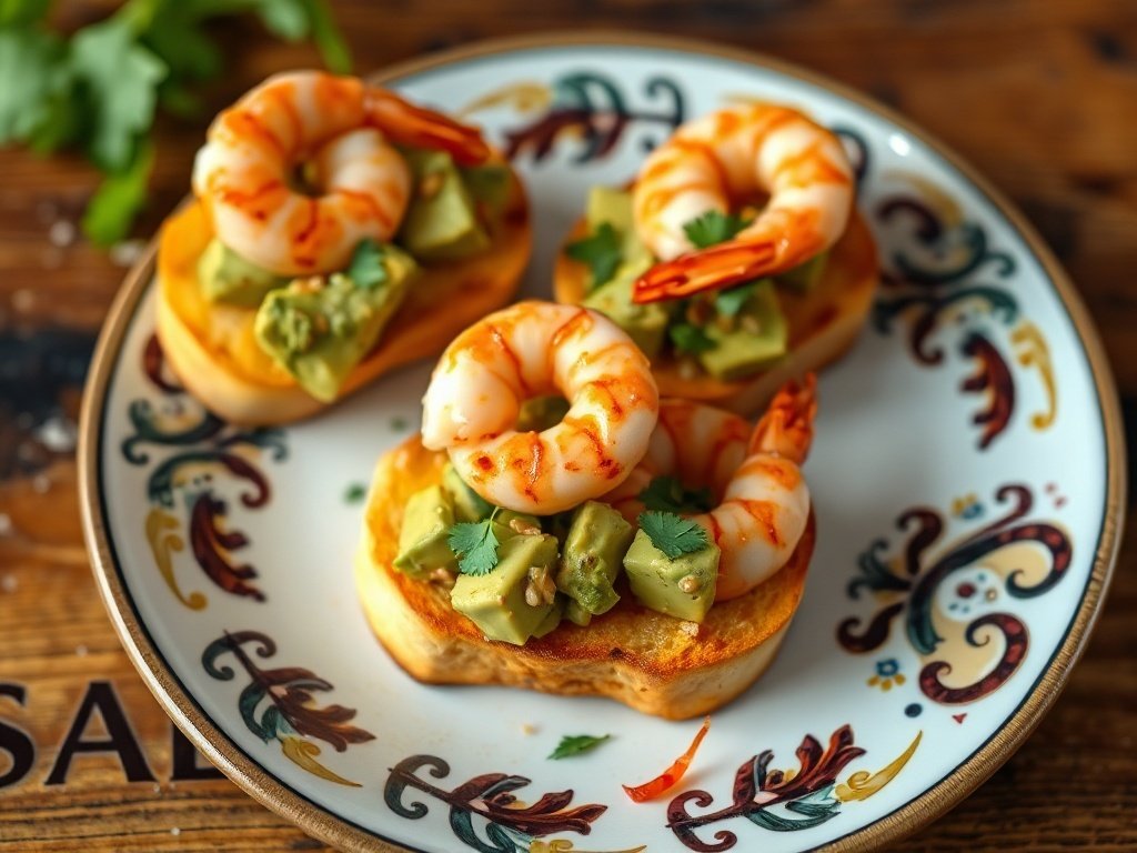 Spicy shrimp and avocado crostini on a decorative plate.
