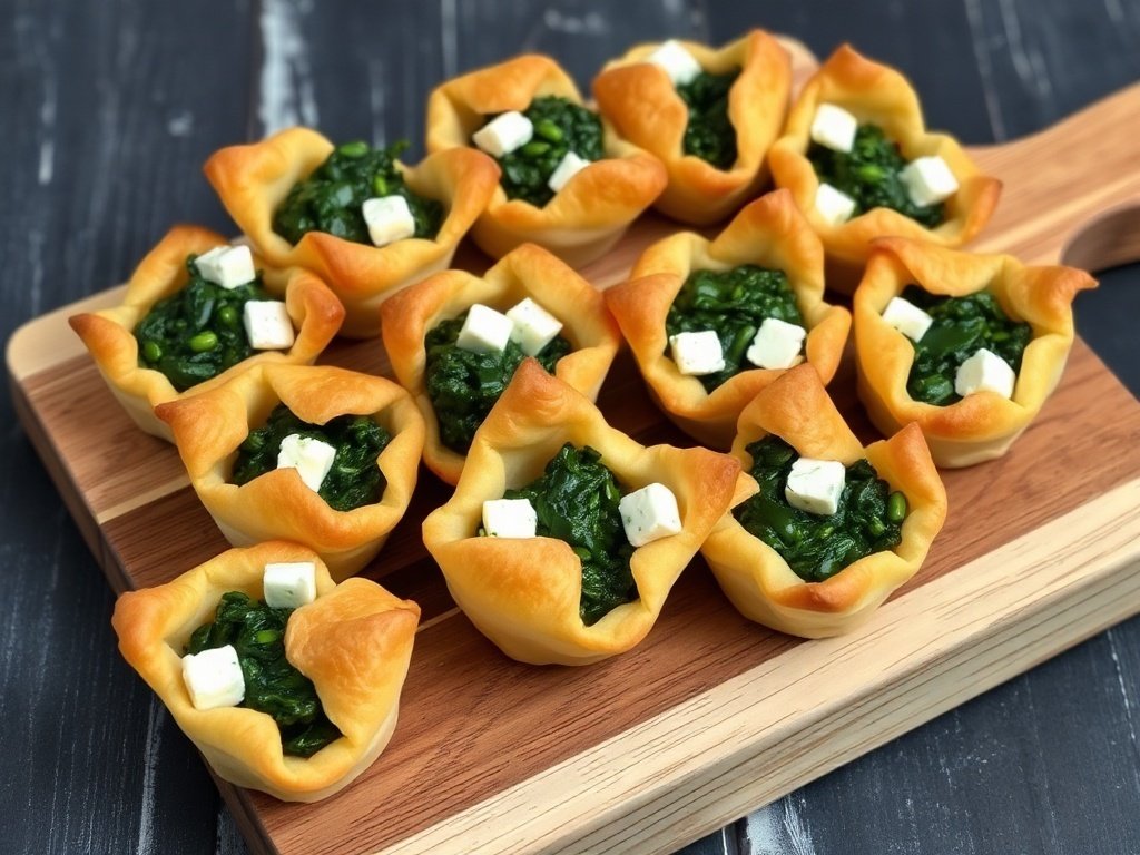 Savory Spinach and Feta Puff Pastry Bites on a wooden board