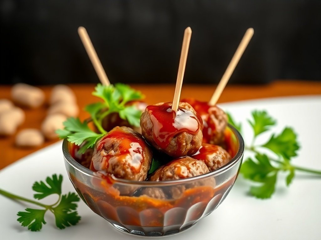 A close-up of mini meatballs in tangy BBQ sauce, garnished with parsley, served in a clear bowl.