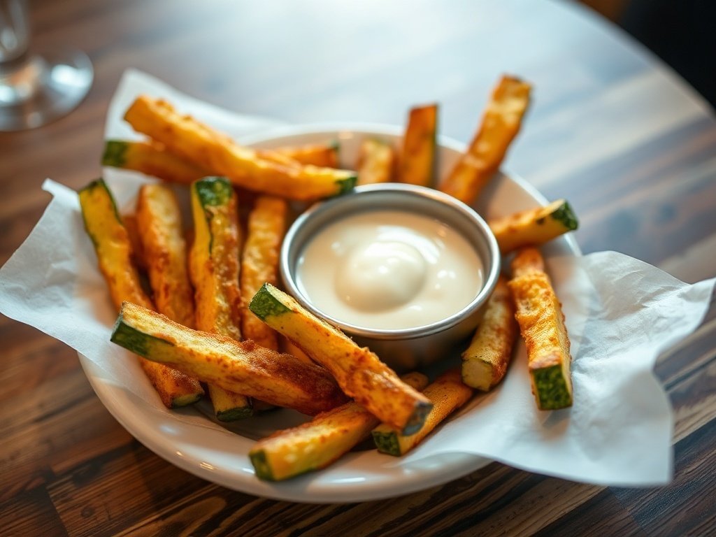 A platter of crispy zucchini fries with a bowl of creamy garlic aioli.